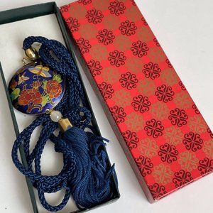 Vintage Cloisonne Floral Butterfly Double-Sided Blue Rope Tassel Necklace Great